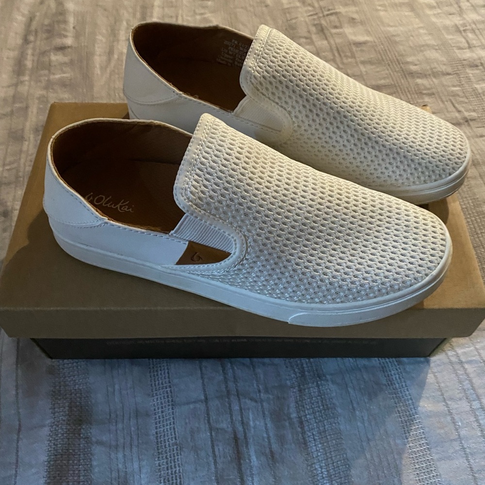 Olukai Pehuea White Slip on Shoes